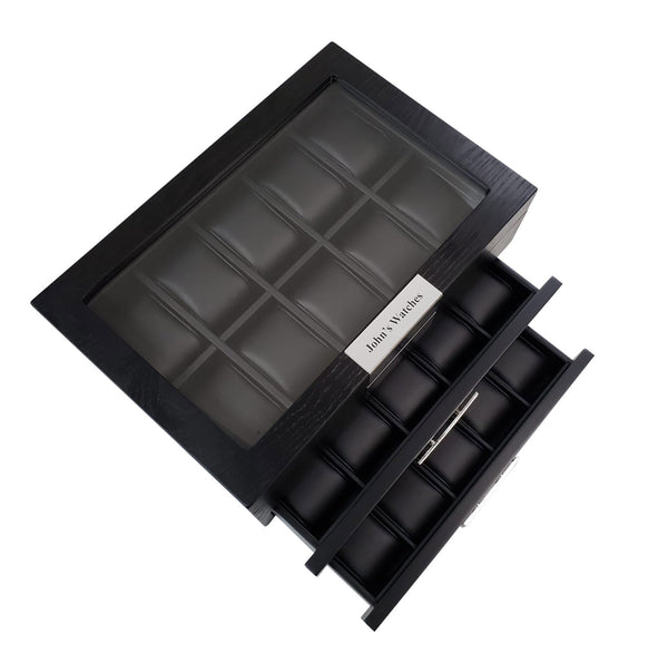 30-Piece Personalized Black Ebony Wood Watch Extra Height Clearance Display  Case and 3 Drawer Storage Organizer Box