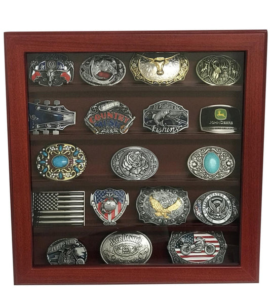Cherry Wood Wall Belt Buckle Display Case with Five Rows for