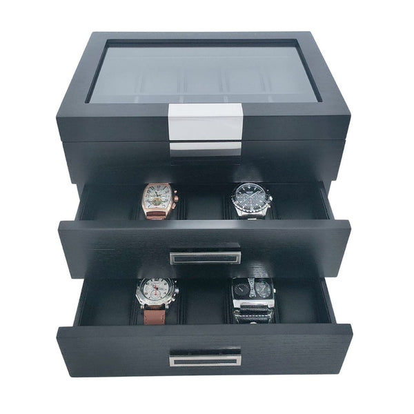 30-Piece Personalized Black Ebony Wood Watch Extra Height Clearance Display  Case and 3 Drawer Storage Organizer Box