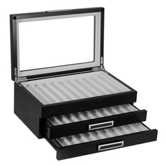 TIMELYBUYS 30 Piece Black Ebony Wood Pen Display Case Storage and Fountain Pen Collector Large Organizer Box with Glass Window Three Level Display