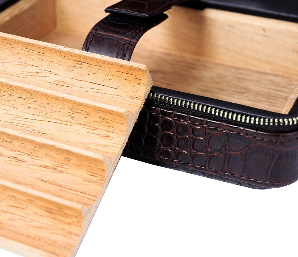 TIMELYBUYS 4 Cigar Cedar Wood Lined Portable Travel Case - Brown Crocodile PU Leather