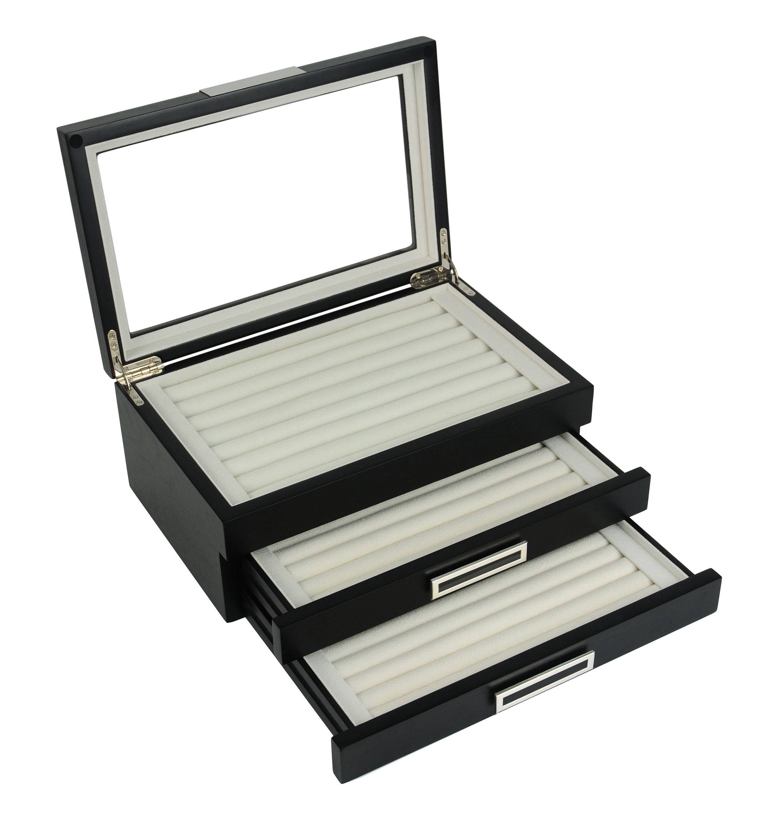TIMELYBUYS 10 Piece Black Ebony Wood Pen Display Case Storage and Fountain Pen Collector Large Organizer Box with Glass Window Display Case