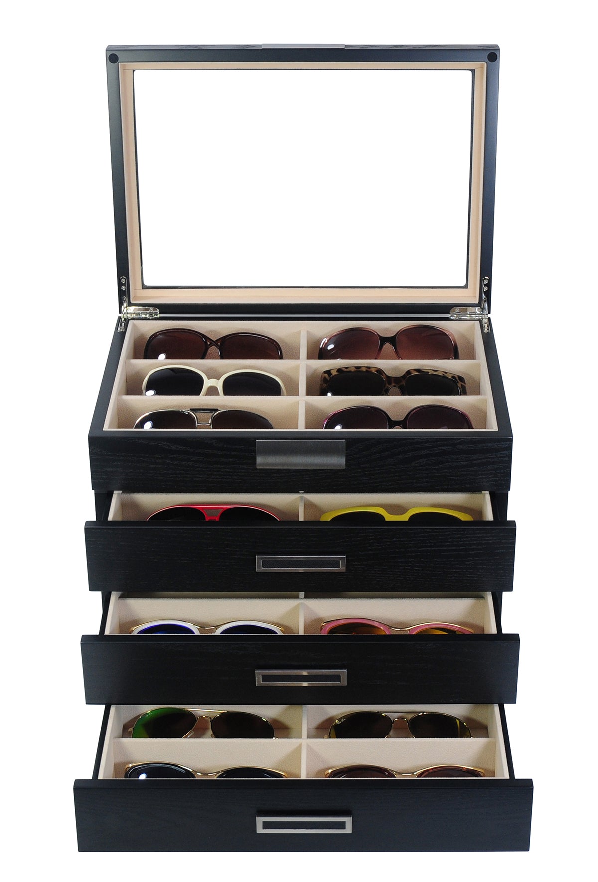 Personalized 24 Piece Large Black Wood Sunglass Display Case Drawer Storage Box