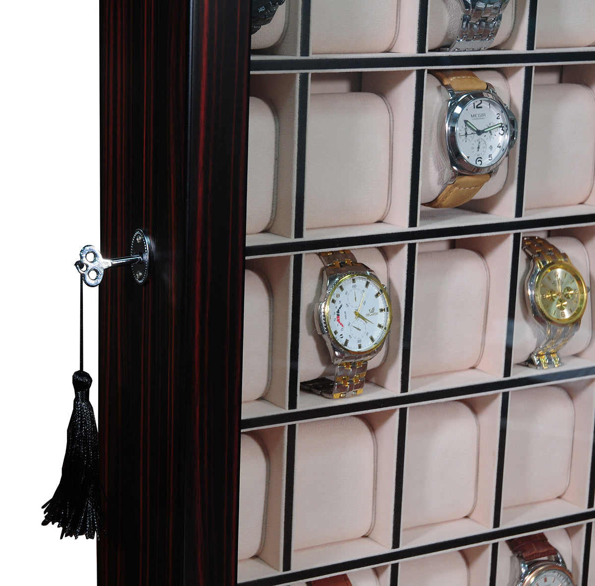 TIMELYBUYS 30-Piece Black Ebony Wood Watch Extra Height Clearance Display Case and 3 Drawer Storage Organizer Box