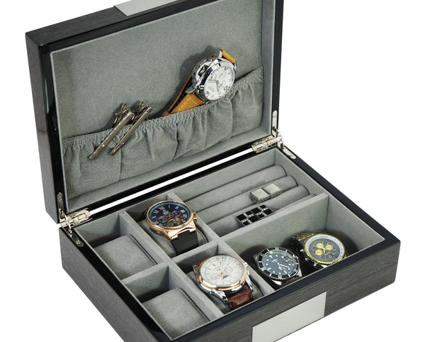 TIMELYBUYS Personalized Grey Ginko Lacquered Wood Watch Cufflink Case & Ring Storage Organizer Men's Jewelry Box